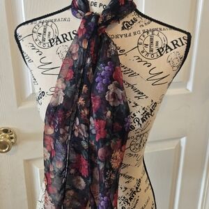 Floral Sheer Scarf - Black with Pink & Purple Floral Print